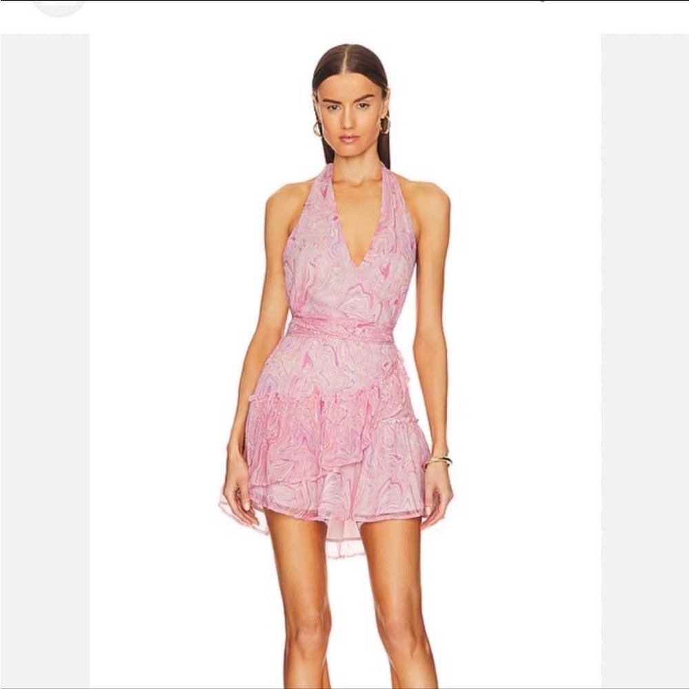 NWT LoveShackFancy Aleena Pink Marbled Halter Backless Mini Dress